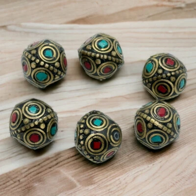 Tibetan Nepal Jewelry Artisan Handmade Brass Turquoise Coral 6 Masala beads - Image 1 of 4