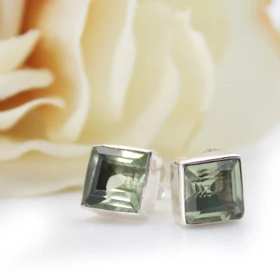 Amethyst Grün Ohrstecker Echt Silber 925 Quadrat Grünquarz Cutstone Eckig  QS - Bild 1 von 3