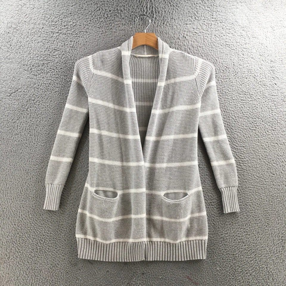 Cárdigan Suéter Mujer Athleta XS Gris Blanco Mezcla Algodón Rayas Manga Larga Foto 1 de 4