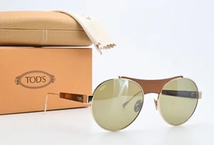 Tods Sunglasses TO 216 14C Titanium Gold Shiny Leather Detail Braun Rund Pilot M - Picture 1 of 11
