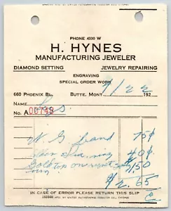 Butte, MT H. Hynes Jeweler / Leys Jewelry 1922 Billhead "Gold Top on..." - Picture 1 of 2