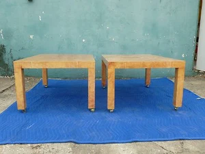 STYLISH PAIR 70'S ITALIAN LACQUERED CARAMEL PARCHMENT TABLES STYLE KARL SPRINGER - Picture 1 of 12