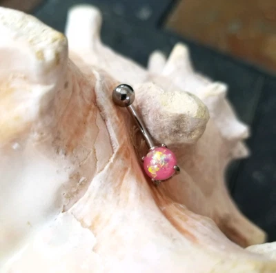 Anillo ombligo ombligo acero quirúrgico brillo ópalo rosa sintético 14G joyería Foto 1 de 4