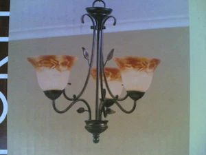 NIB 24" 3-Lite Pretty HAND-PAINTED Glass CHANDELIER Ceiling Light antique bronze - Picture 1 of 7