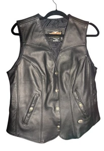 NEW HARLEY-DAVIDSON® USA Black Snap Up Motorcycle Leather Vest  WOMENS Sz L - Picture 1 of 9