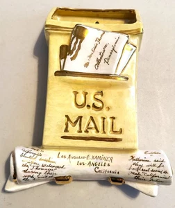 Ceramic U.S. Mail Box Holder w/ Scroll  Iridescent Yellow Gold Wall Hanging - Picture 1 of 10