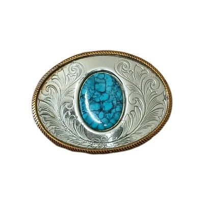 VTG Gold Rope Trim Nickel Silver Etched Scroll Turquoise Stone Rodeo Belt Buckle - Image 1 of 4
