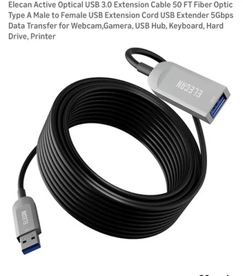 Elecan Active Optical USB 3.0 Ext Cable 25’ FT Fiber Type A Male to Female New - Image 1 of 4