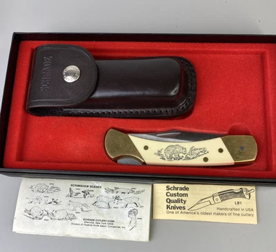 Cuchillo Schrade EE. UU. De Colección Pata de Oso Scrimshaw Lockback Funda Oso Pardo Foto 1 de 4