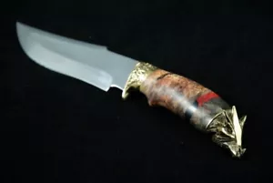 NUOVO FANTASTICO COLTELLO ACCIAIO PERSONALIZZATO CACCIA DRAGO ACERO BURL MANICO + FODERO - Foto 1 di 5
