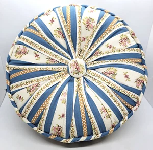 Round Floral Pillow Ribbon Floral Accent Blue Cottagecore Shabby Chic - VINTAGE - Picture 1 of 14