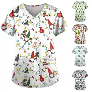 Christmas Women Nursing Uniform Scrub V-neck Short Sleeve Top Blouse Xmas Gifts - Picture 1 of 25