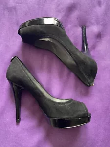Stuart Weitzman Black Suede Peep Toe Platform Heels Size 7 - Picture 1 of 9
