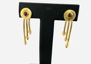 Pendientes Victorianos Etruscos Oro 14k Cabujón Granate Borla - Imagen 1 de 5