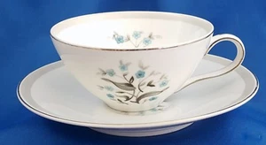 Meito Orleans Tea Cup and Saucer Turquoise Floral w Gray Band Platinum 6 oz - Picture 1 of 11