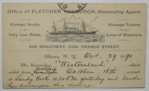 Fletcher Vosburgh, Steamship Agent. Albany, NY. 1890 1c UX9 Postal Card. - Picture 1 of 2