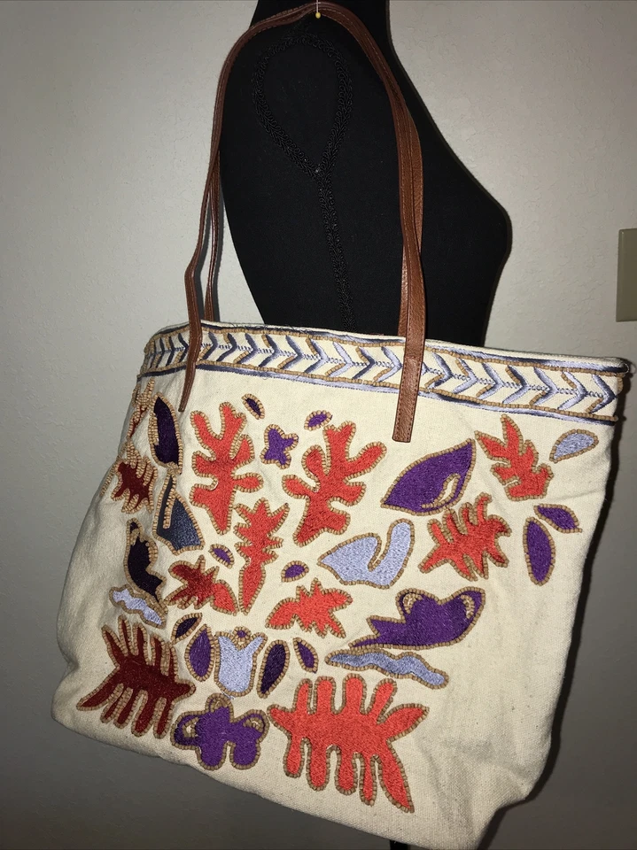 Steven by Steve Madden Ivory Cream Embroidered and Beaded Canvas Beach Tote Bag - Image 1 of 4