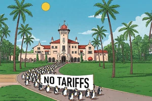 Pinguini che portano un cartello NO TARIFFE - stampa artistica / poster - Foto 1 di 1