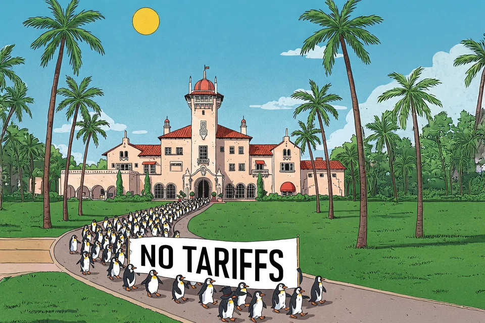 Pinguins carregando uma placa SEM TARIFAS - impressão de arte / pôster - Imagem 1 de 1