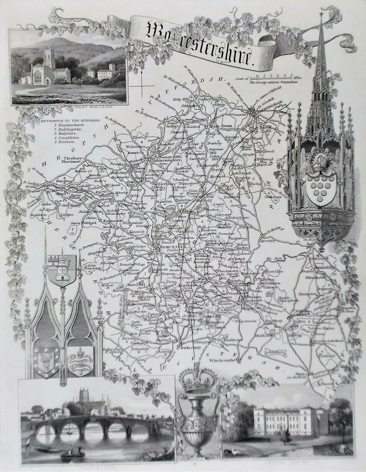 OLD ANTIQUE MAP WORCESTERSHIRE by T MOULE c1840's views WORCESTER MALVERN - Изображение 1 из 1