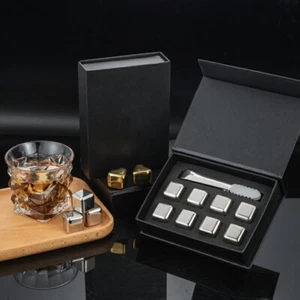 Stainless Steel Ice Whiskey Stones (Gift Set of 8 Metal Ice Cubes, Tongs, Bag) - Picture 1 of 4