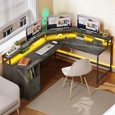 LED L Shaped Desk 67 inch Corner Computer Desk with Power Outlets & File Drawer - Image 1 of 4
