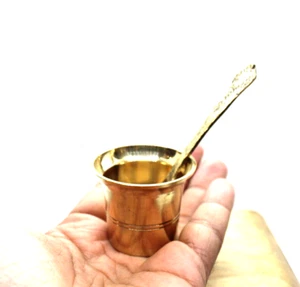 Brass Pooja Lota and Spoon charnamrit Set Handmade Brass Hindu Puja Article OM - Picture 1 of 3