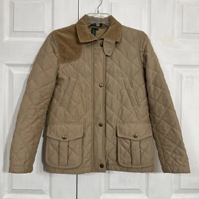 Chaqueta acolchada Ralph Lauren para mujer pequeña tostada caqui cuello pana talla PP Foto 1 de 4