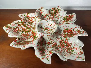 VTG Ceramic Paint Splatter Speckled Green Red White Poinsettia Chip 'n Dip Dish - Picture 1 of 12