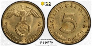 1938-D - THIRD REICH - NAZI GERMANY - 5 Reichspfennig  - PCGS MS65 - Eagle - Picture 1 of 1