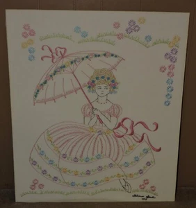 Stickerei Hand Southern Belle Blumen Regenschirm rosa blau 27 x 23 1/2 montiert - Bild 1 von 17