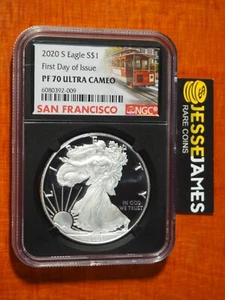 2020 S PROOF SILVER EAGLE NGC PF70 ULTRA CAMEO FIRST DAY OF ISSUE FDI TROLLEY - Picture 1 of 2