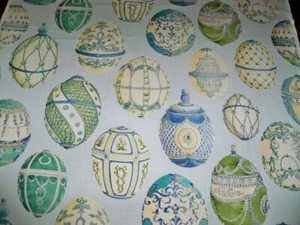 KRAVET COUTURE ROMFORD FABERGE EGGS LINEN TOILE FABRIC 5 YARDS ROBINS EGG MULTI - Picture 1 of 8