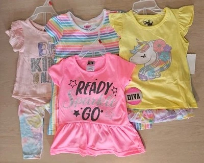 (4) Trajes de manga corta 2T para niñas: LOVE Be Kind Ready Sparkle Go Unicorn Tie Dye Foto 1 de 4