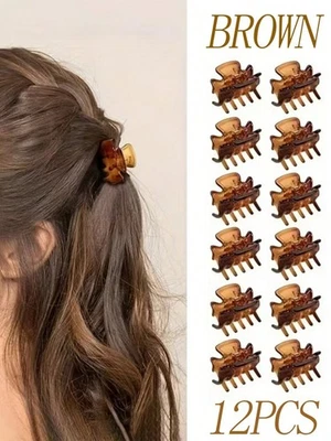 12pcs Mini Hair Claw Clips Clamps Brown 1CM Plastic Small Hair Clips Grips UK - Image 1 of 4