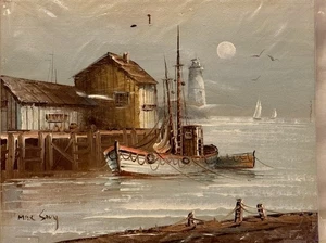 Marc Savy Original Oil Painting, Lighthouse & Boats, Signed  - Picture 1 of 4