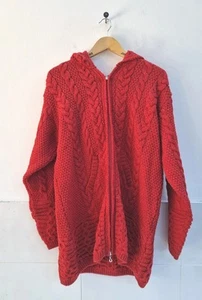 Aran Sweater Market Cardigan Red Celtic Knot Cardigan Merino Wool Oversized XXL. - Picture 1 of 7