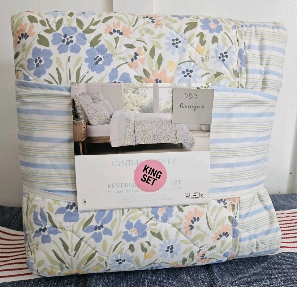 NIP Cynthia Rowley Reversible Multi- Color Floral King Quilt Set 3pc Stripes - Image 1 of 4