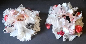 2 Vtg MCM White Plastic Christmas Candle Ring Wreath ~ Holly Satin Balls Glitter - Picture 1 of 8