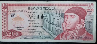 Billete histórico 1977 México 20 Pesos Morelos Pirámide de Quetzalocoatl  Foto 1 de 2