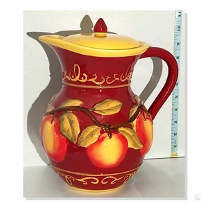Vintage Nonni’s Apple Pitcher w/ Lid Hand Painted Red Yellow Ceramic Jug - Picture 1 of 8