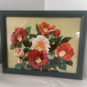 Vintage japanische Bunka Stickerei roter Hibiskus Blumenkunst gerahmt 18x14 Zoll - Bild 1 von 12