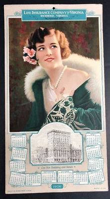 1926 Calendar Sign Advertising Insurance Richmond Virginia Pretty Flapper Girl - Image 1 of 4