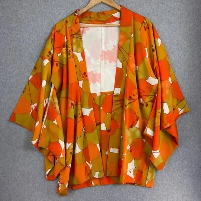 Top kimono floral de seda naranja vintage Haori - sin etiqueta precioso audaz sedoso abierto Foto 1 de 4
