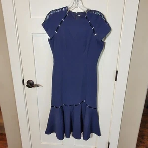 Jonathan Simkhai Slashed Crepe Stapled Dress Sz 8 Formal Wedding Edgy ArtsyNavy - Picture 1 of 21