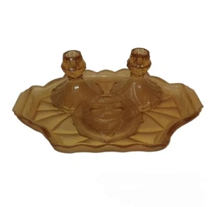 amber glass dressing table vanity set vintage art deco trinkets collectable - Picture 1 of 6
