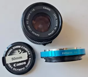Canon FD 50mm f/1.8 Lens 1984 Olympic Games & Fotodiox Pro FD-EOS Adaptor & caps - Picture 1 of 12