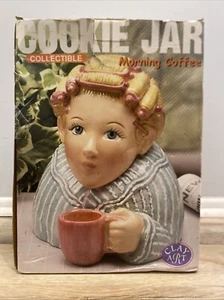VINTAGE 2002 Clay Art Morning Coffee Cookie Jar Lady in Hair Rollers & Robe - Picture 1 of 19