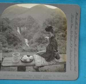 Japanese Stereoview Photo Beautiful Mist Falling Cascade Nikko Japan Keystone - Picture 1 of 3