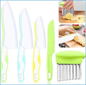 5 Pcs Kids Knives, Safe Cooking Plastic Kitchen Knife Set with Crinkle Cutter - Picture 1 of 14